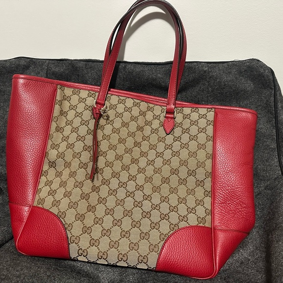 GG Red/Beige Leather Canvass Bree Tote Bag - Picture 11 of 12